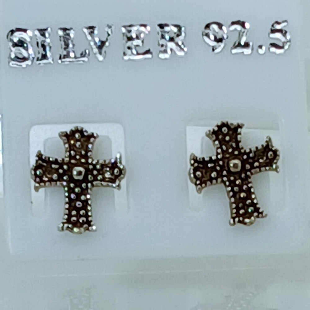 Vintage Sterling Silver Gothic Cross Stud‎ Earrings Antiqued Textured Tiny Studs